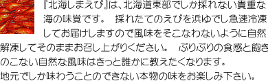 『北海しまえび』は、北海道東部でしか採れない貴重な海の味覚です。　採れたてのえびを浜ゆでし急速冷凍してお届けしますので風味をそこなわないように自然解凍してそのままお召し上がりください。　ぷりぷりの食感と飽きのこない自然な風味はきっと誰かに教えたくなります。地元でしか味わうことのできない本物の味をお楽しみ下さい。